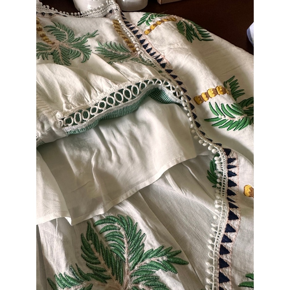 Farm Rio Palm Tree NWT Embroidered Maxi Dress L White Green Gingham Boho Linen - Picture 15 of 16